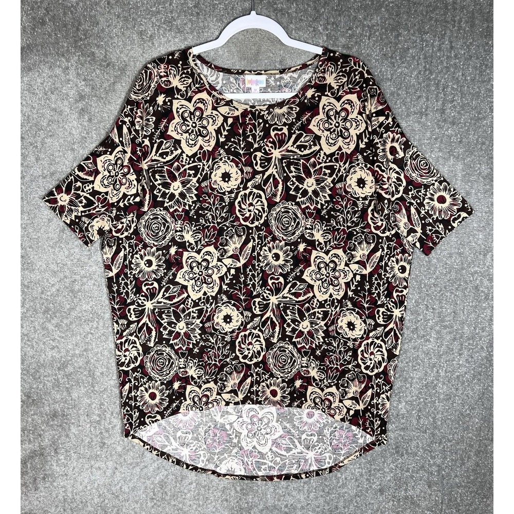 Lularoe Irma Top Womens Sz Medium Brown‎ Beige Red Floral Hi-Low Tunic Stretch